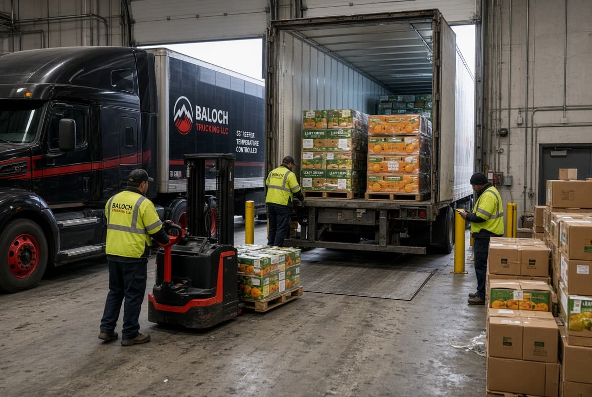 A Baloch Trucking crew loading pallets of boxed produce into a refrigerated trailer with a forklift
