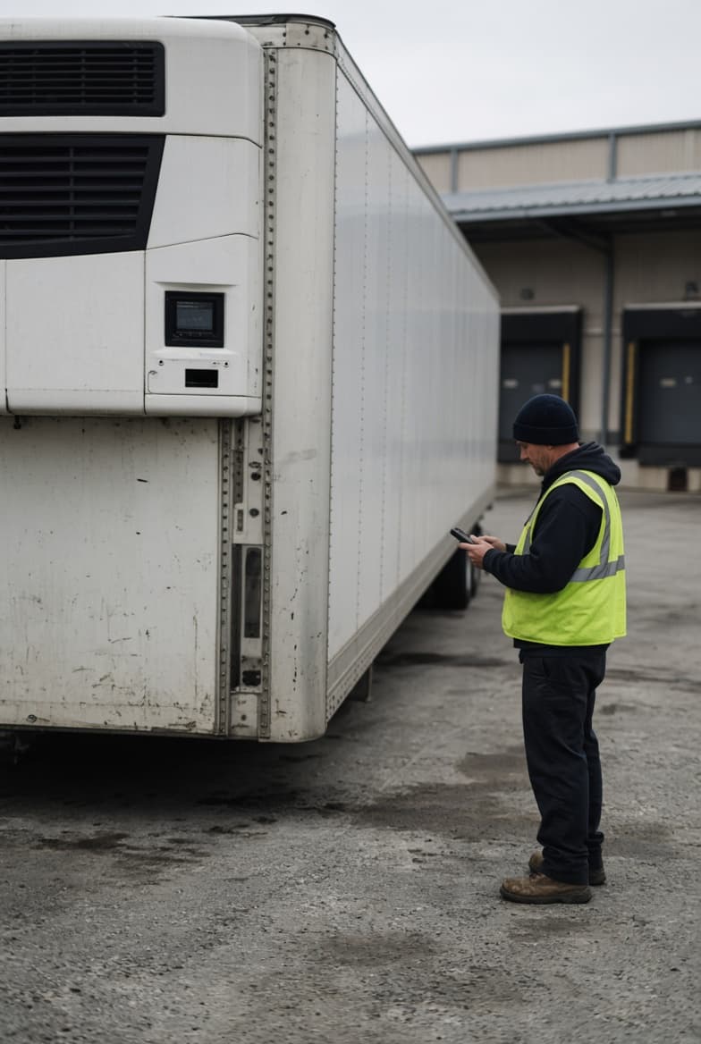 A Baloch Trucking driver checking a reefer trailer's temperature control unit