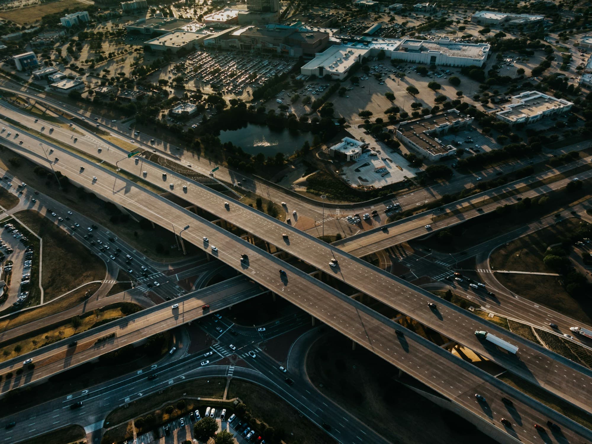 Aerial view of a Texas highway interchange at dusk