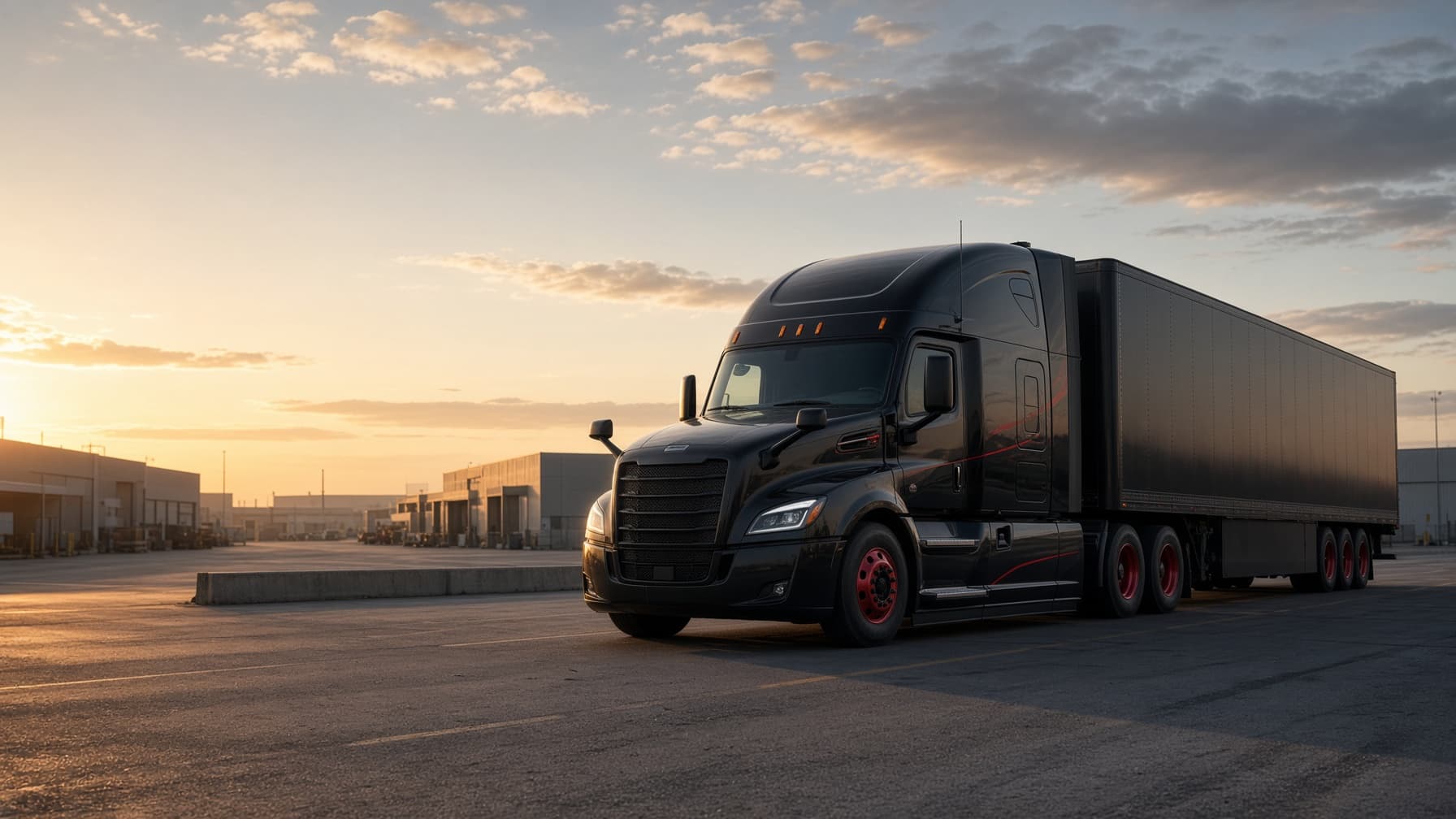 A black Baloch Trucking LLC semi-truck at a warehouse yard at dusk