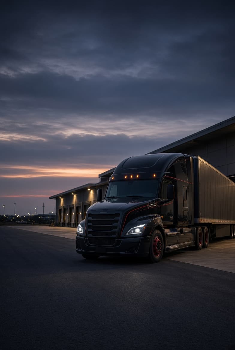 A Baloch Trucking LLC semi-truck at dusk
